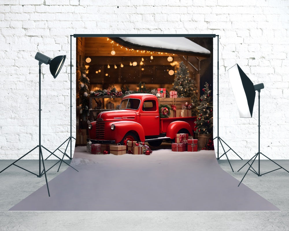 Red Christmas Backdrop Modern Vintage Red Gift Truck Under Eaves Christmas Backdrop Ideas MRR8-127