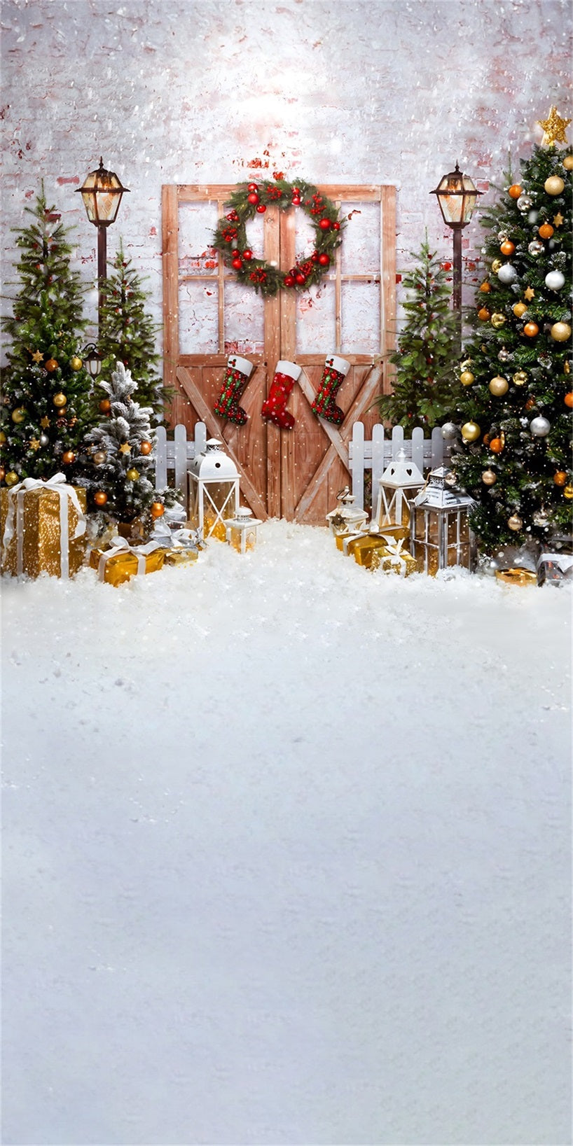 Christmas Tree Backdrop Classic Snowy Christmas Wooden Door Christmas Backdrops for Photos MRR8-128