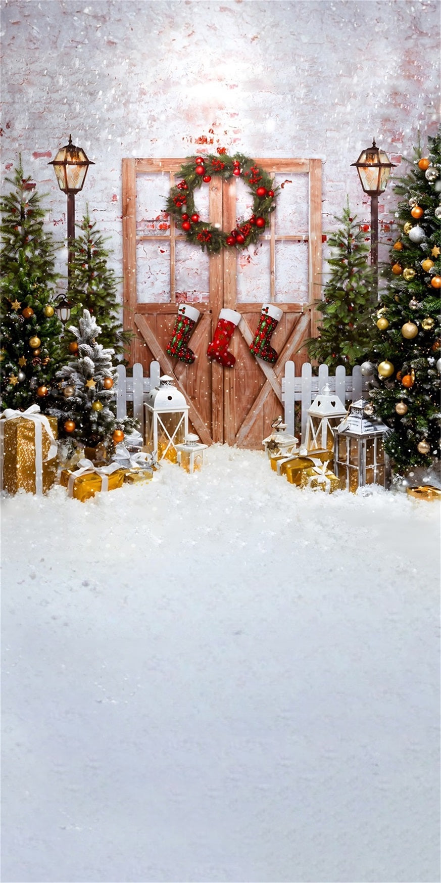 Christmas Tree Backdrop Classic Snowy Christmas Wooden Door Christmas Backdrops for Photos MRR8-128