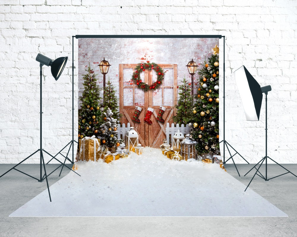 Christmas Tree Backdrop Classic Snowy Christmas Wooden Door Christmas Backdrops for Photos MRR8-128
