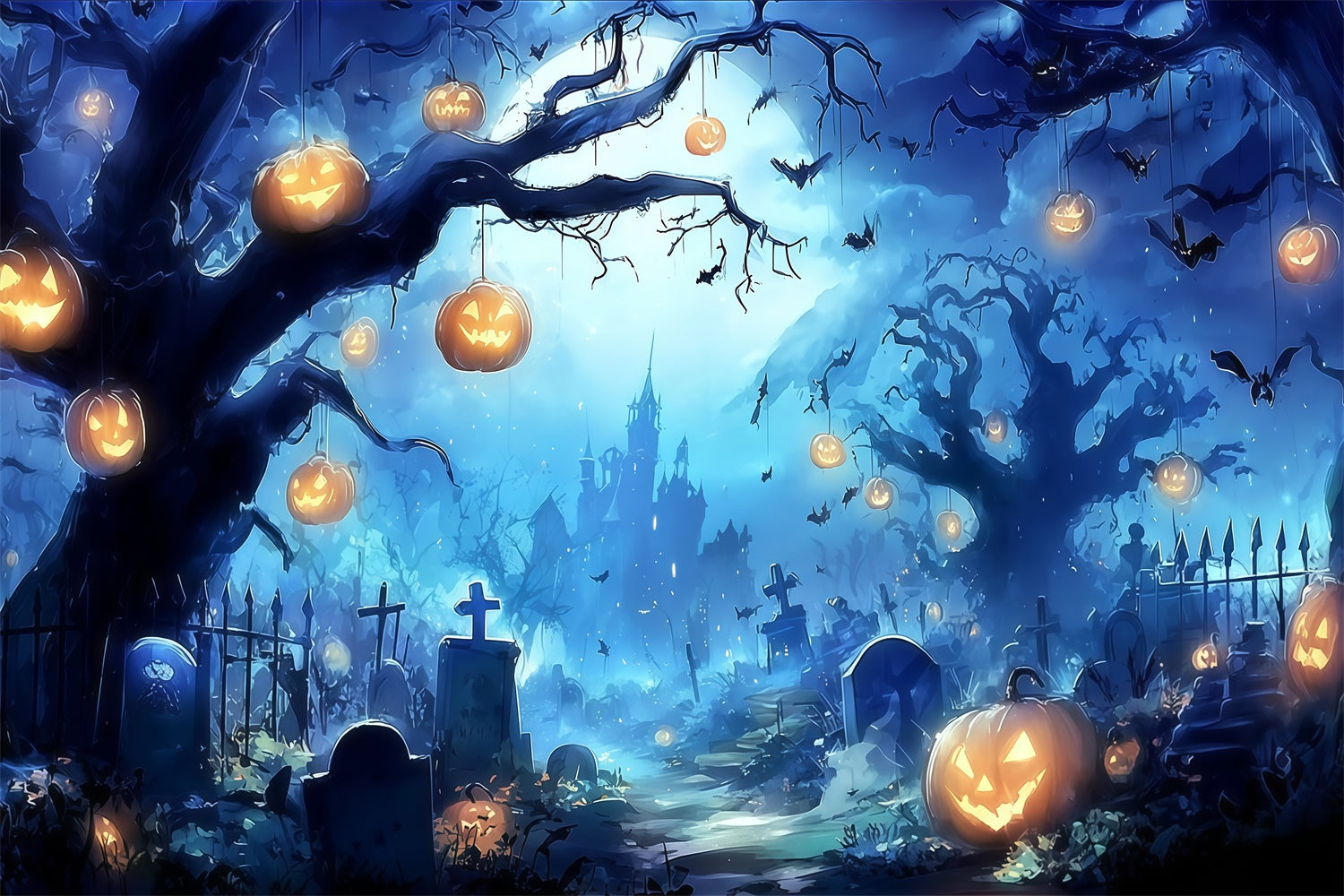 Halloween Graveyard Backdrop Eerie Pumpkin Chandelier Forest Castle Backdrop MRR8-13
