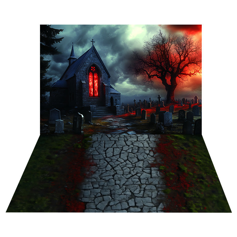 Spooky Haunted Churchyard Backdrop+Stone Path Floor Backdrop MRR8-131