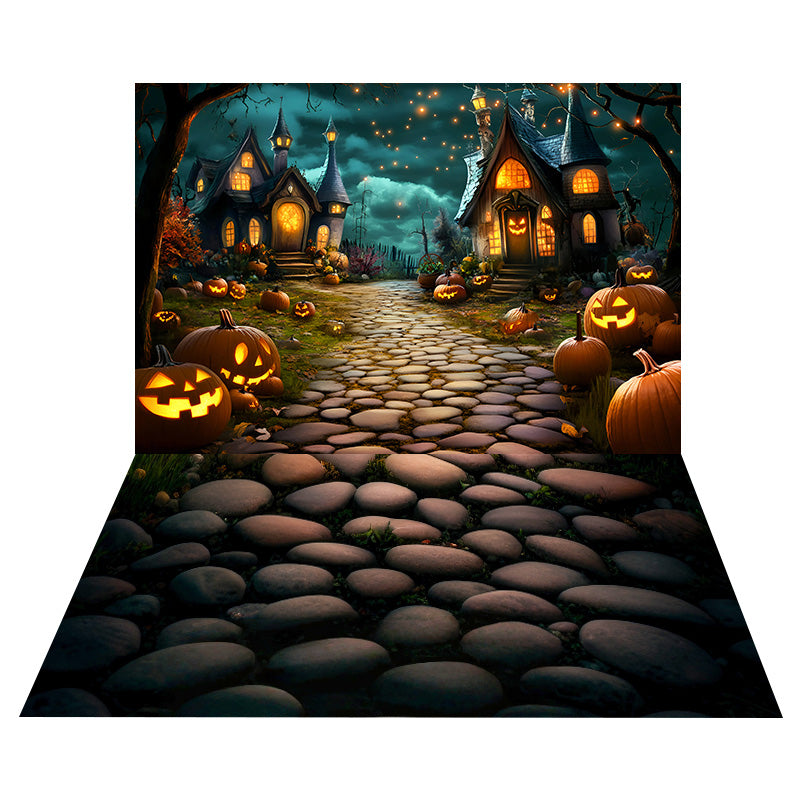 Pumpkin Lantern Village Backdrop+Pebble Stone Floor Backdrop MRR8-133