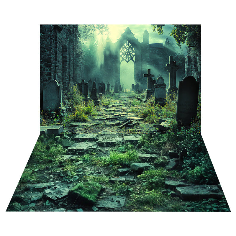 Ruined Gothic Cemetery Backdrop+Mossy Stone Floor Backdrop MRR8-137