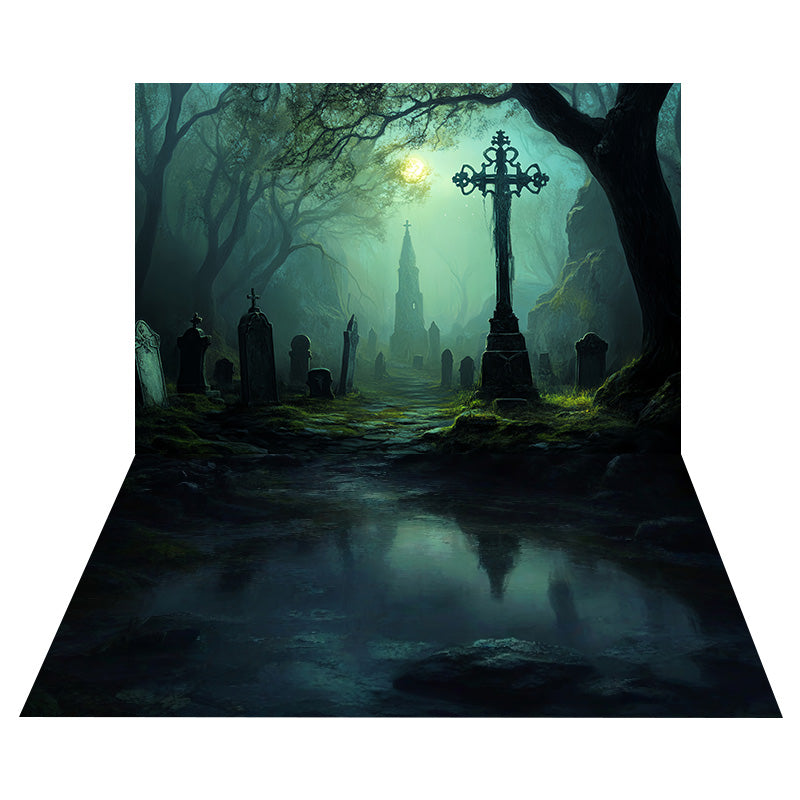 Misty Forest Graveyard Backdrop+Foggy Reflection Floor Backdrop MRR8-138