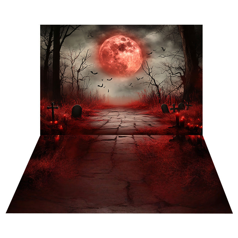 Halloween Moon Graveyard Backdrop+Red Cracked Stone Floor Backdrop MRR8-139