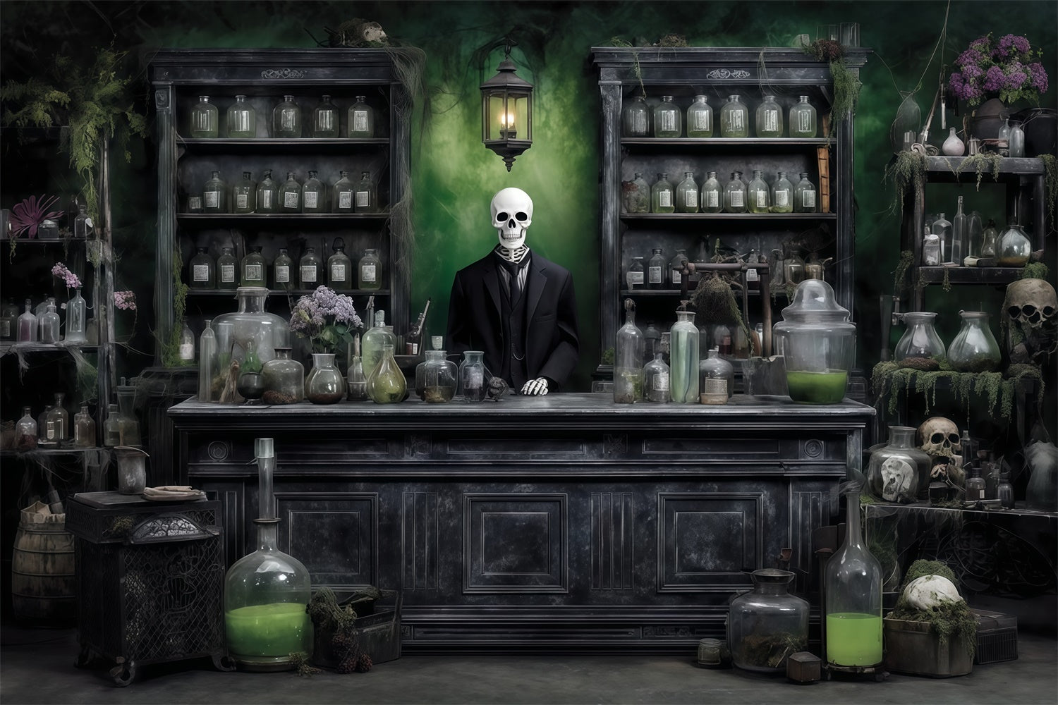 Scary Halloween Backdrops Chemical Reagent Mystery Skeleton Man Store Backdrop MRR8-14