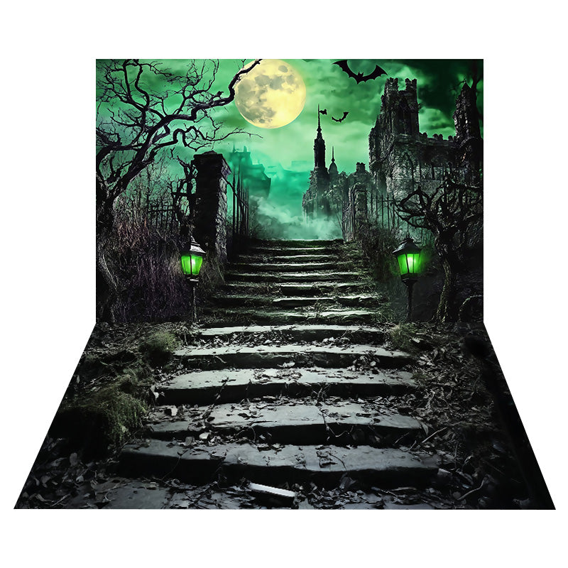 Haunted Castle Full Moon Backdrop+Stone Leaf Stair Floor Backdrop MRR8-140