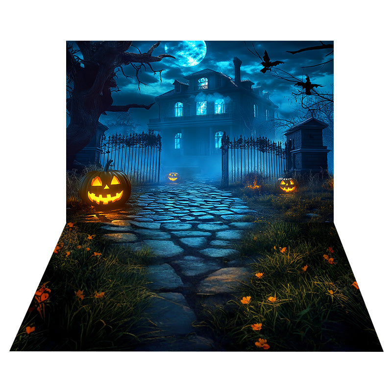 Pumpkin Lantern Mansion Backdrop+Moonlit Flower Stone Floor Backdrop MRR8-141