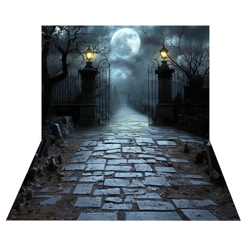 Cemetery Gate Moonlight Backdrop+Brick Stone Floor Backdrop MRR8-145