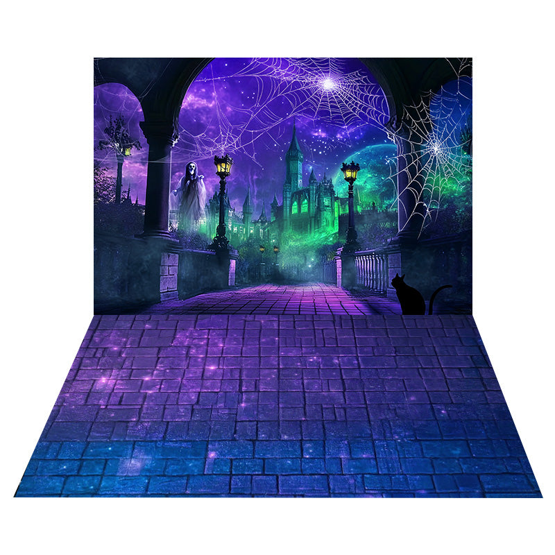 Ghostly Web Castle Backdrop+Purple Glittering Stone Floor Backdrop MRR8-148
