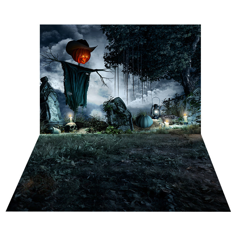 Pumpkin Scarecrow Graveyard Backdrop+Moody Grass Leaf Floor Backdrop MRR8-149