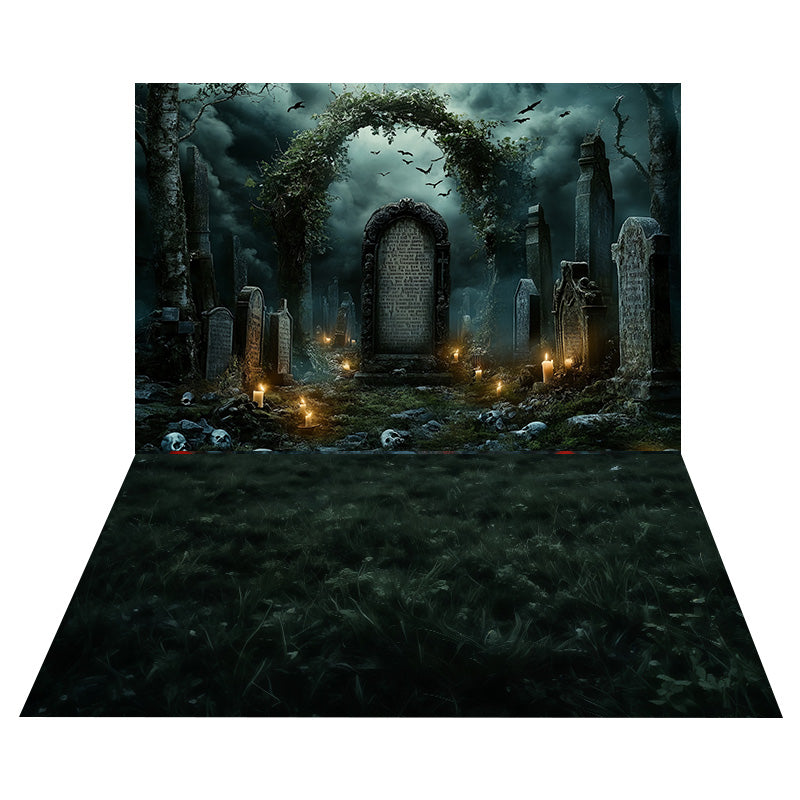 Ancient Tombstones Arch Backdrop+Dark Green Meadow Floor Backdrop MRR8-150