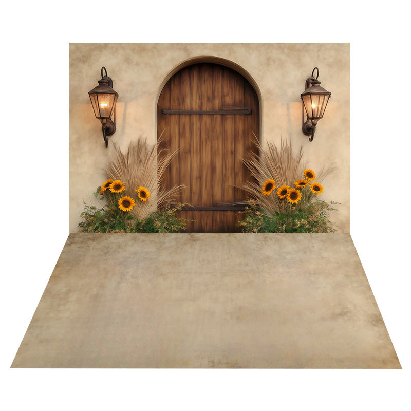 Rustic Door Sunflowers Backdrop+Vintage Beige Texture Floor Backdrop MRR8-151