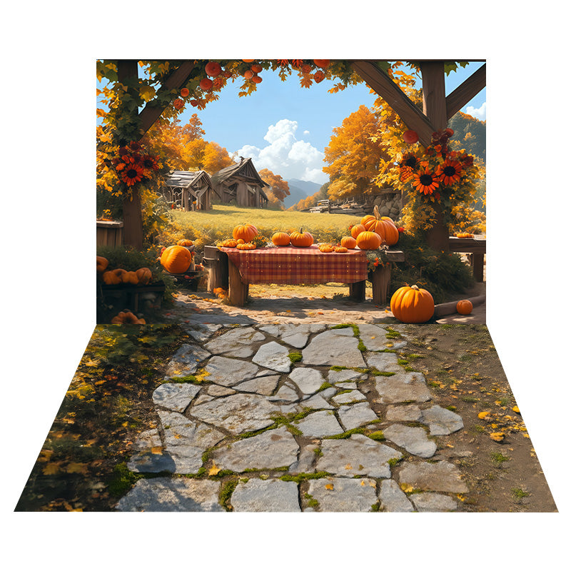Pumpkin Harvest Table Backdrop+Mossy Stone Path Floor Backdrop MRR8-152