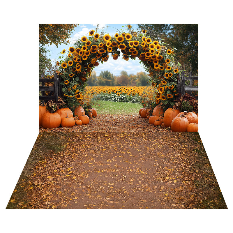 Sunflower Pumpkin Arch Backdrop+Autumn Leaf Scatter Floor Backdrop MRR8-153