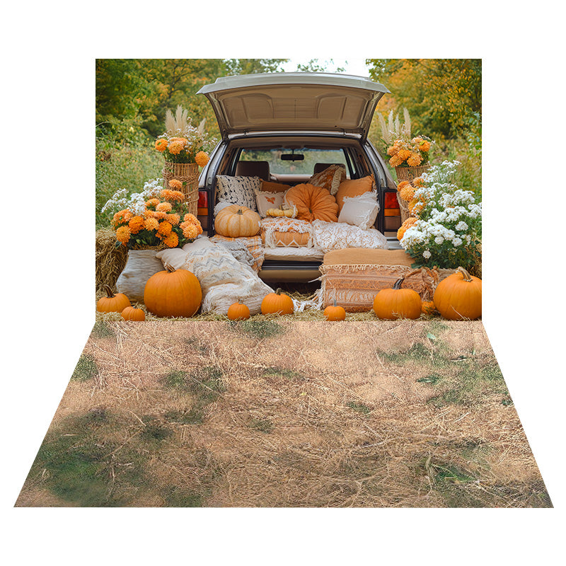 Cozy Pumpkin Truck Backdrop+Dry Grass Meadow Floor Backdrop MRR8-156