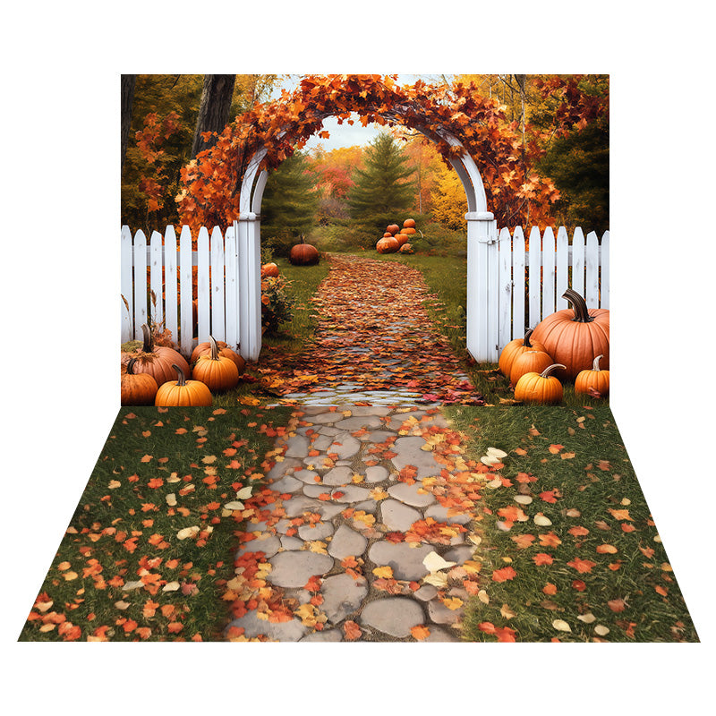 Pumpkin Arch Gate Backdrop+Stone Path Autumn Leaves Floor Backdrop MRR8-157