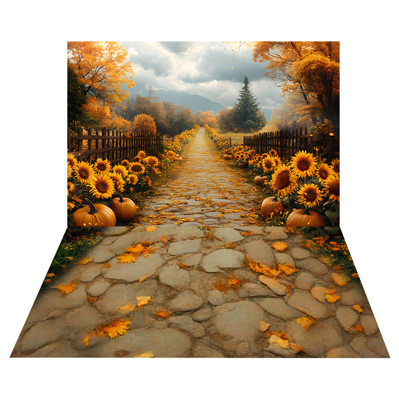 Sunflower Pumpkin Path Backdrop+Golden Petals Stone Floor Backdrop MRR8-158