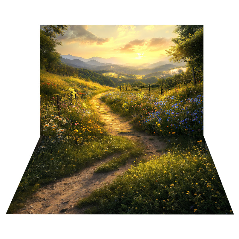 Fall Golden Sunset Backdrop+Flower Meadow Path Floor Backdrop MRR8-159