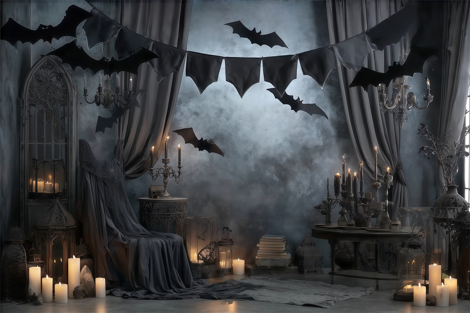 Halloween Wall Backdrop Gothic Candlelit Bat Drapes Halloween Backdrop MRR8-16