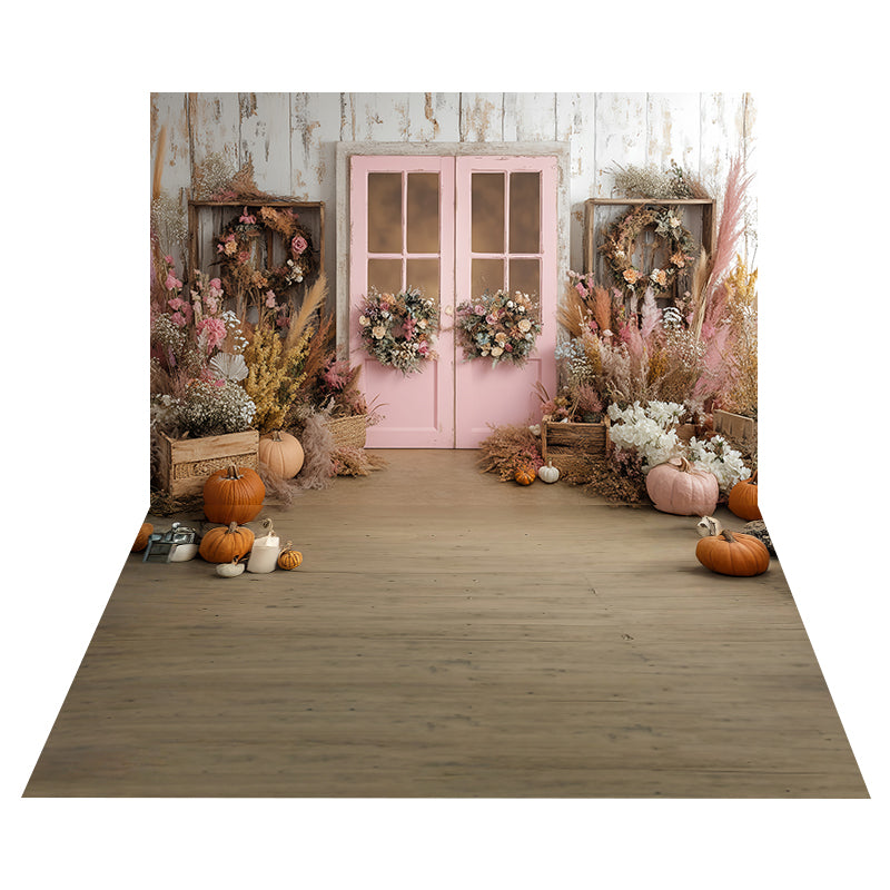 Rustic Pink Door Backdrop+Autumn Pumpkin Wood Floor Backdrop MRR8-160