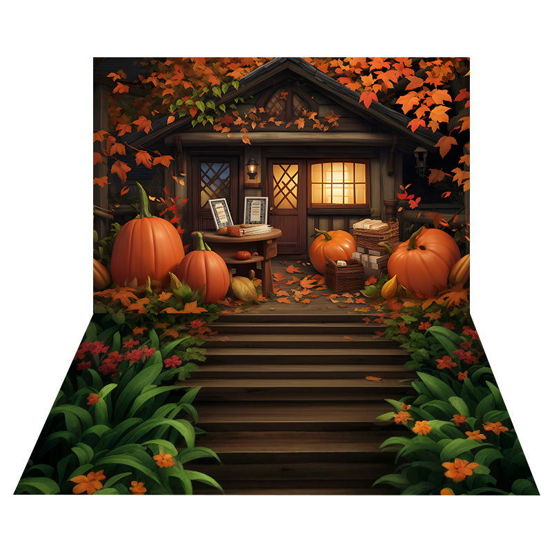 Pumpkin Cottage Porch Backdrop+Wooden Stair Garden Floor Backdrop MRR8-163