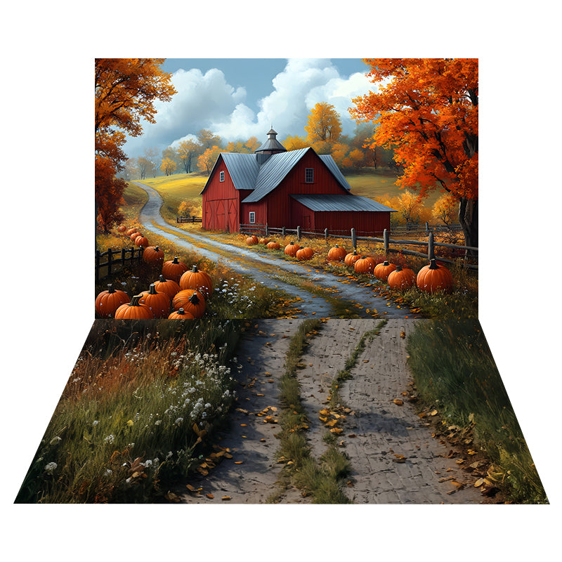 Pumpkin Farm Barn Backdrop+Rustic Stone Path Floor Backdrop MRR8-164