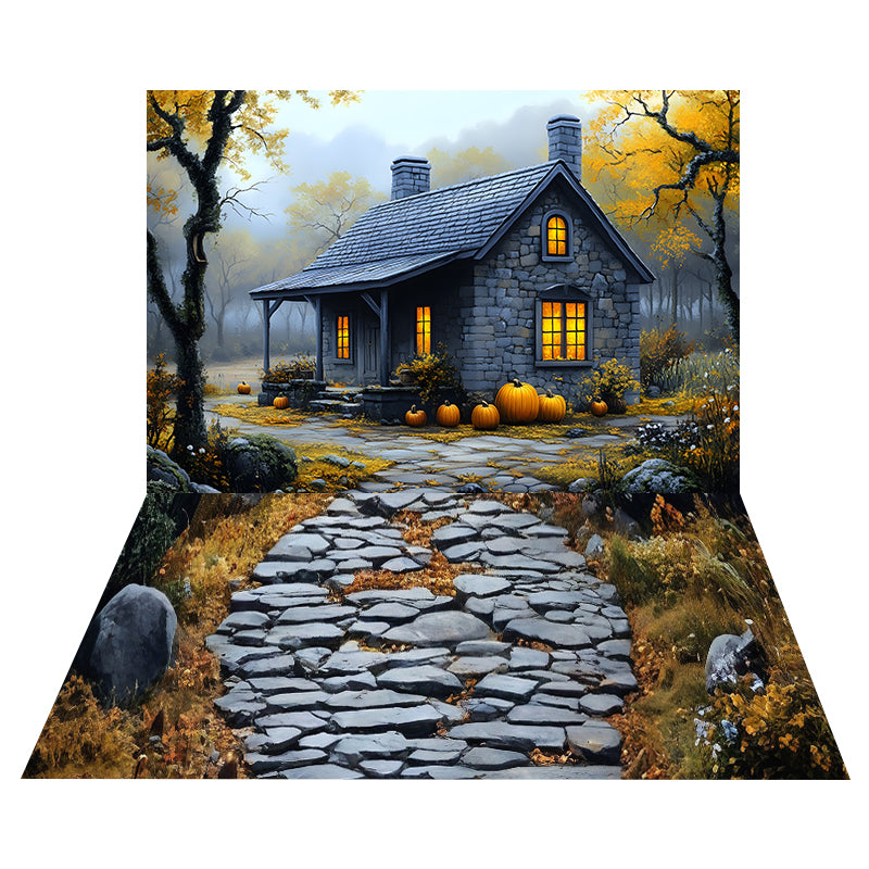 Pumpkin Stone Cabin Backdrop+Autumn Rock Trail Floor Backdrop MRR8-165
