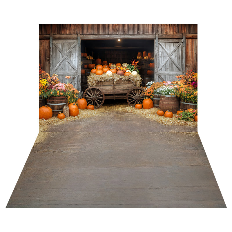 Pumpkin Harvest Wagon Backdrop+Weathered Gray Wood Floor Backdrop MRR8-166