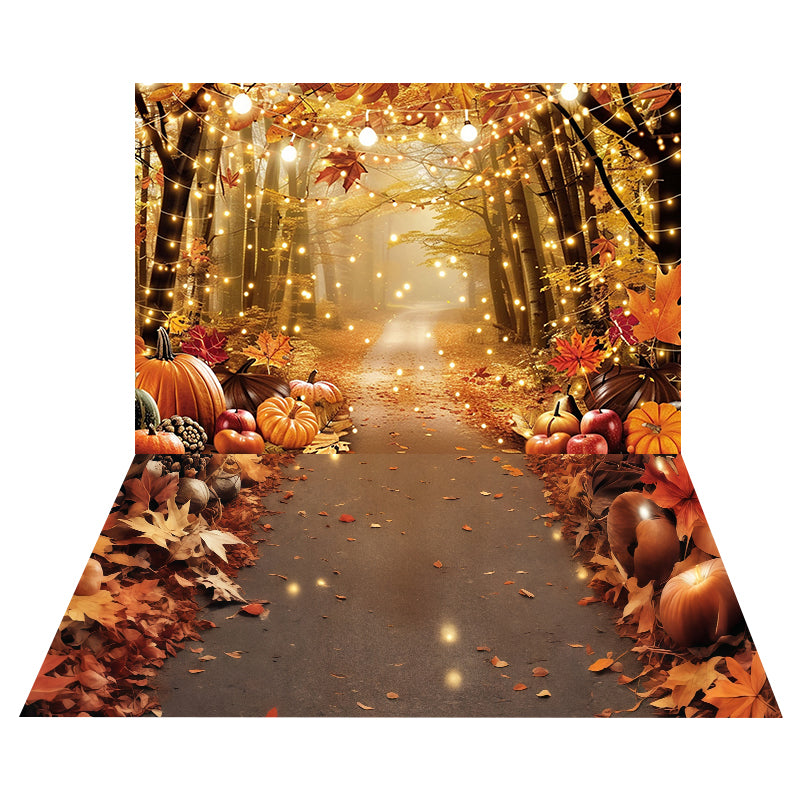 Golden Forest Lights Backdrop+Autumn Leaves Pumpkins Floor Backdrop MRR8-167