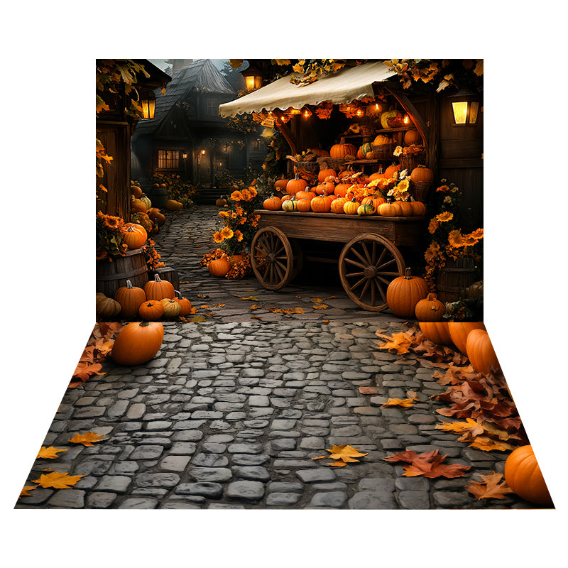 Pumpkin Market Cart Backdrop+Cobblestone Pumpkins Leaves Floor Backdrop MRR8-168