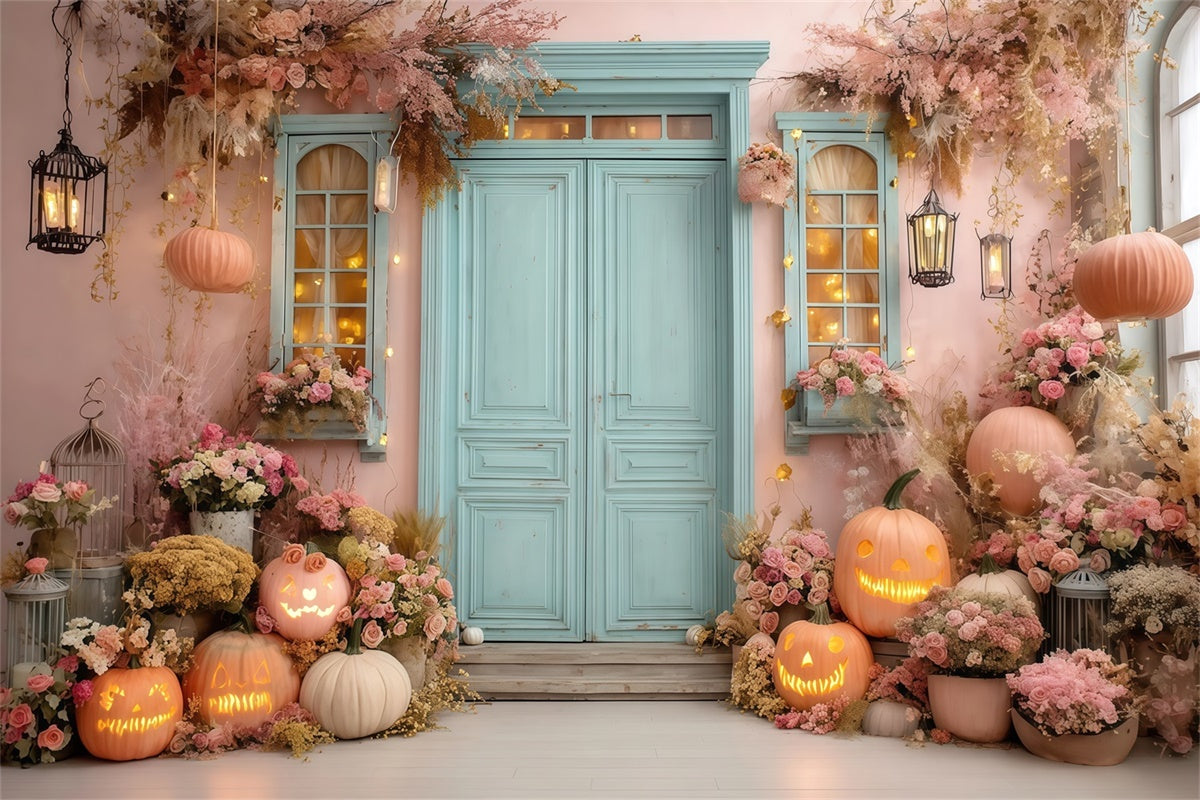 Halloween Backdrops for Photos Blush Pumpkin Floral Doorstep Backdrop MRR8-17