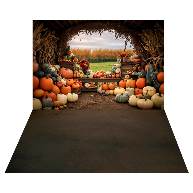 Rustic Pumpkin Barn Backdrop+Rustic Brown Earth Floor Backdrop MRR8-170