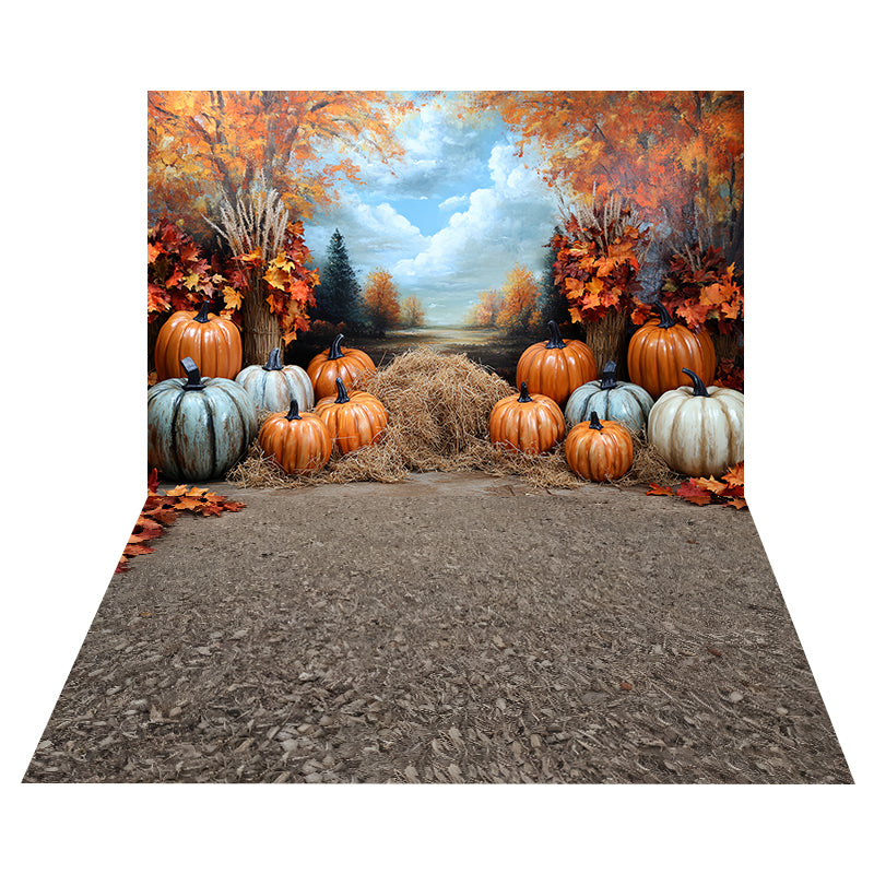 Rustic Fall Backdrop Pumpkin Harvest Path Backdrop+Autumn Hay Rustic Floor Backdrop MRR8-17