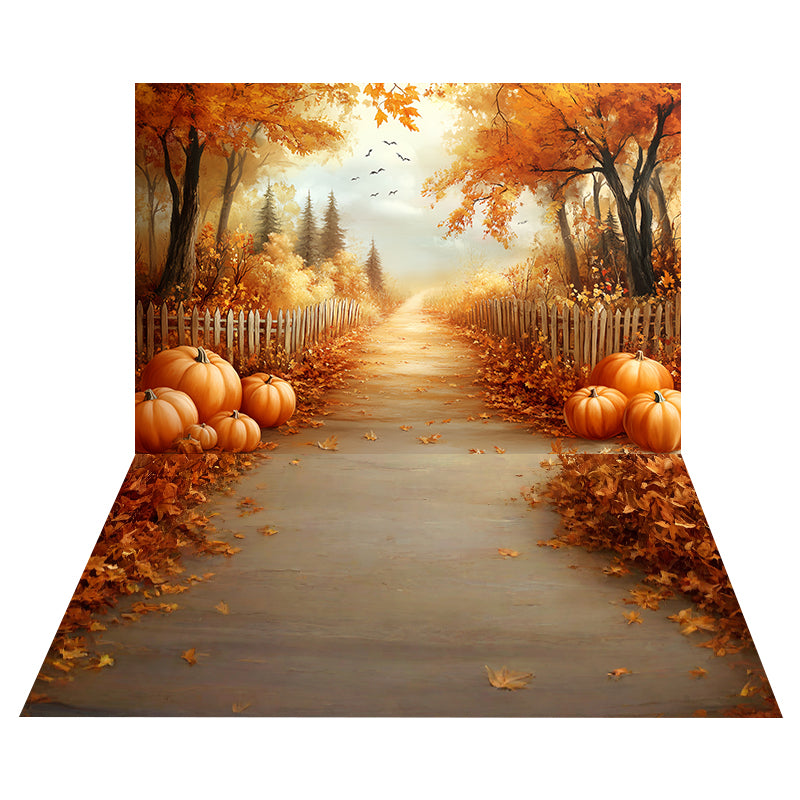 Golden Autumn Road Backdrop+Fall Leaves Wood Floor Backdrop MRR8-172