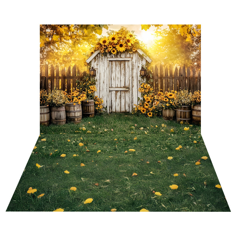 Sunflower Garden Shed Backdrop+Green Grass Yellow Flower Floor Backdrop MRR8-173
