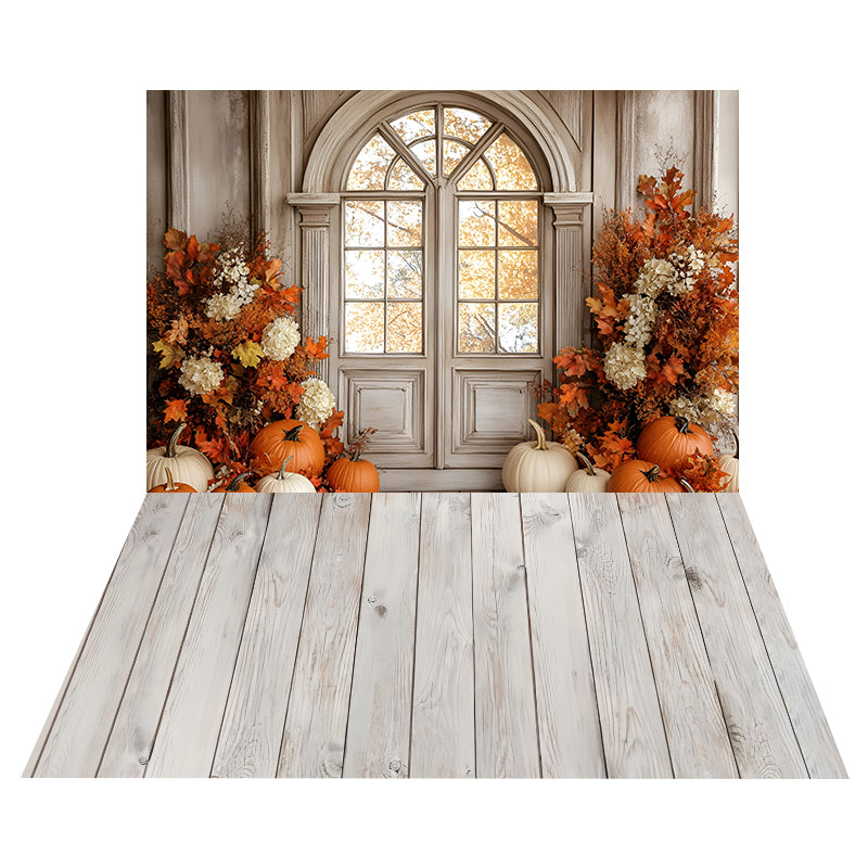 Pumpkin Window Glow Backdrop+Whitewashed Wooden Plank Floor Backdrop MRR8-174