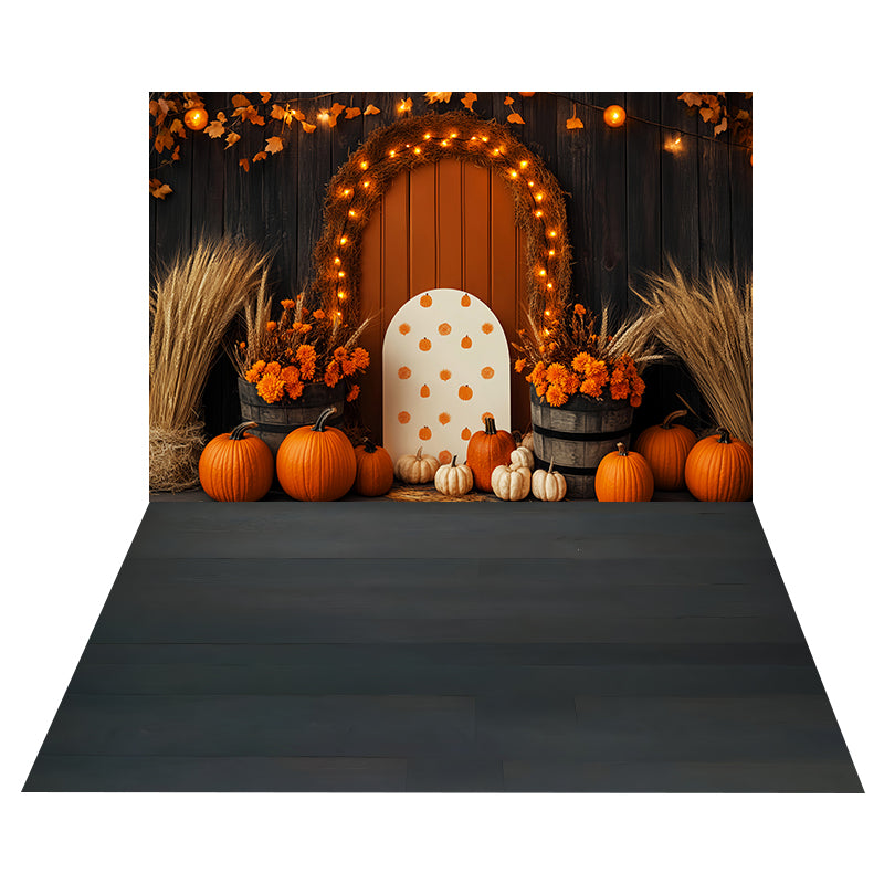 Pumpkin Glow Arch Backdrop+Dark Wood Rustic Floor Backdrop MRR8-175