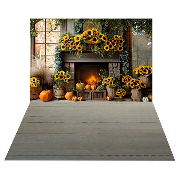 Sunflower Fireplace Decor Backdrop+Soft Gray Wooden Floor Backdrop MRR