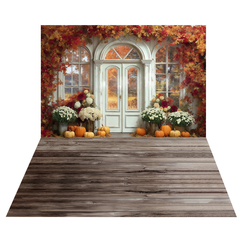 Pumpkins Flowers Doorway Backdrop+Weathered Pine Board Floor Backdrop MRR8-179
