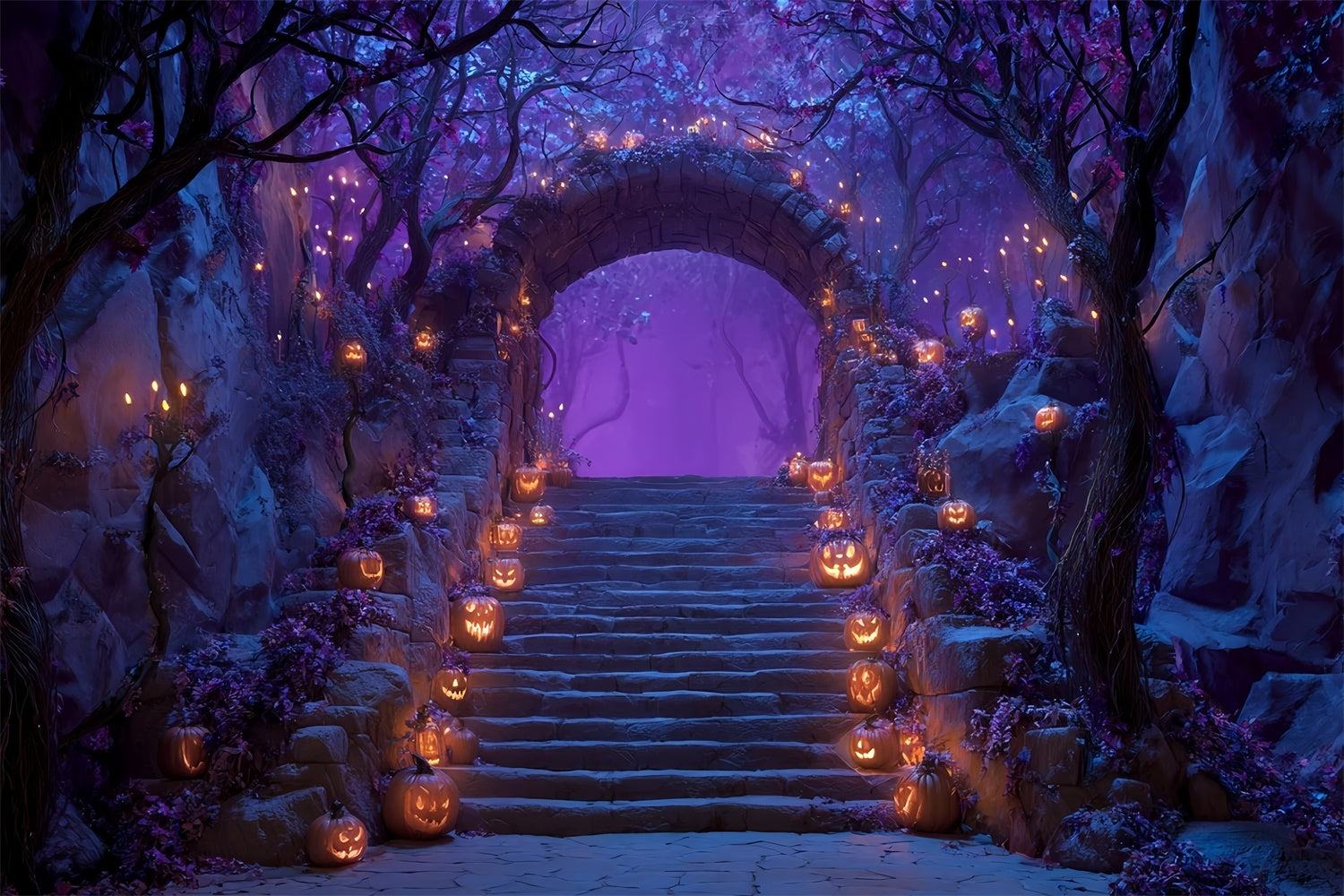 Spooky Halloween Backdrop Enchanted Purple Forest Stairs Halloween Backdrop MRR8-18