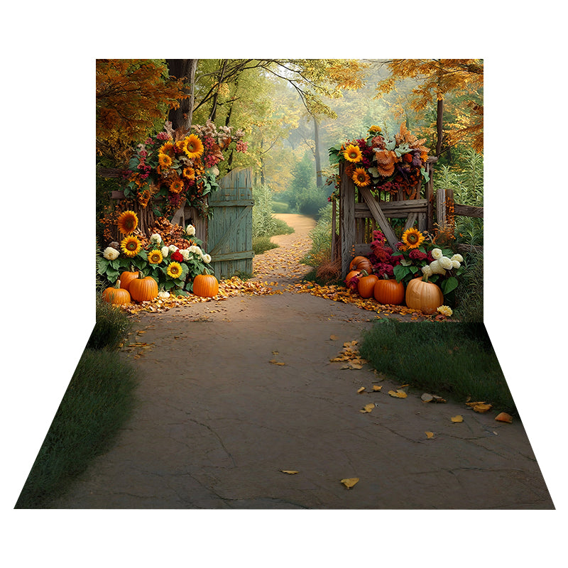 Sunflowers Rustic Gate Backdrop+Autumn Pathway Leaves Floor Backdrop MRR8-180