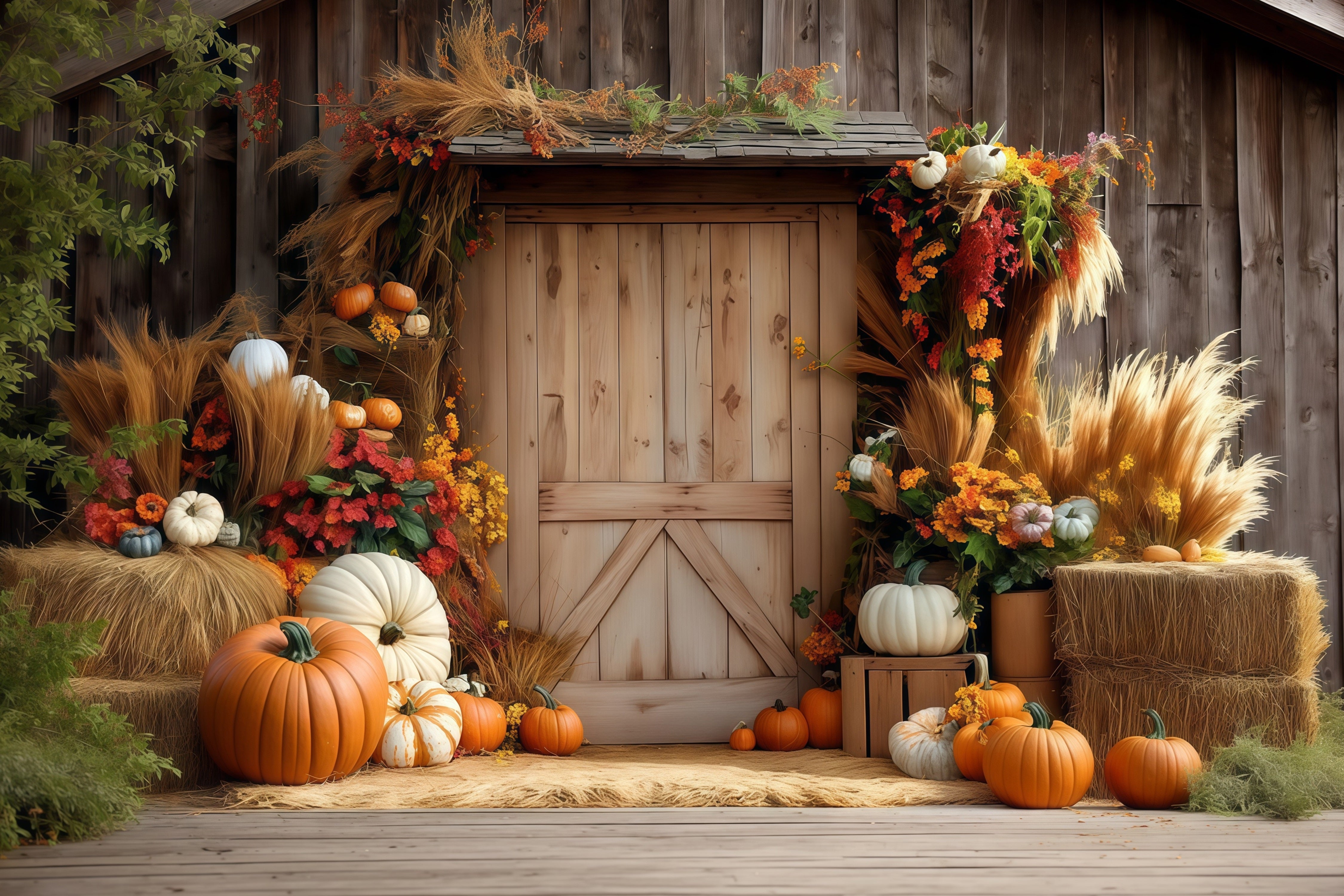 Fall Backdrop Autumn Backdrop Wood Door Pumpkin Hay Fall Photo Backdrops MRR8-182
