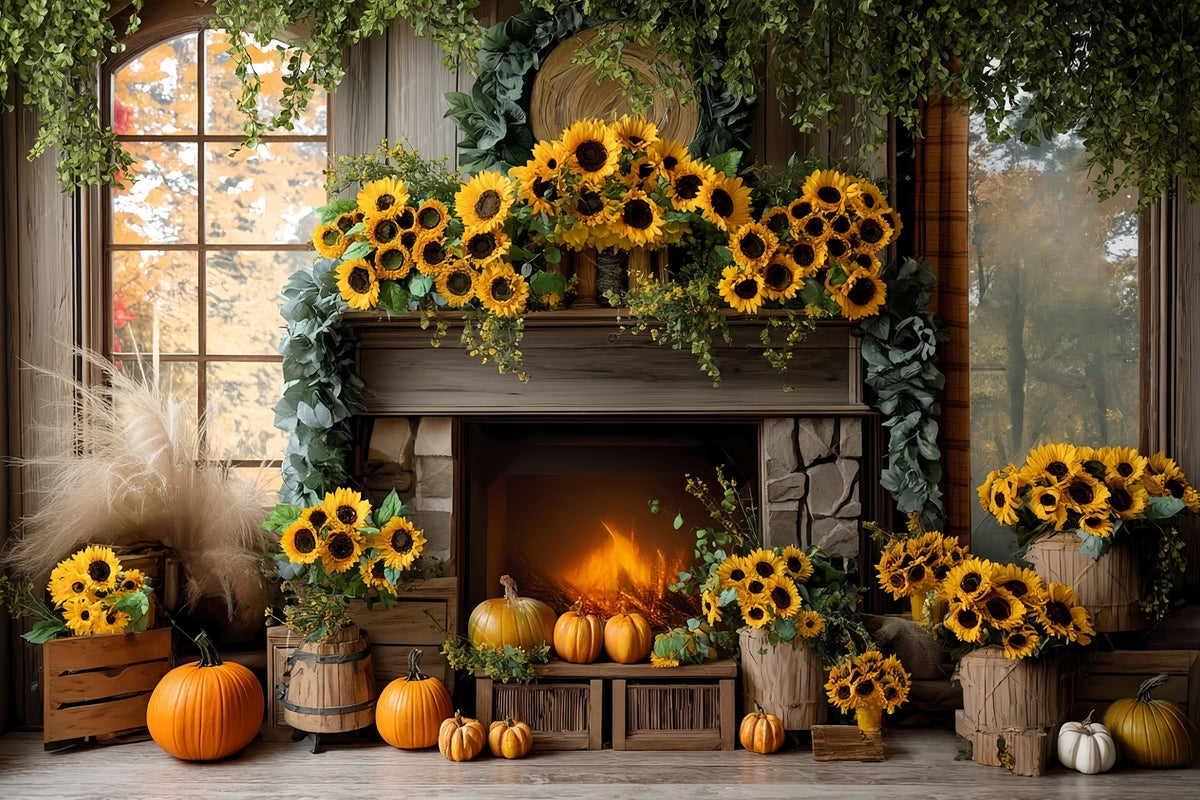 Fall Backdrop Sunflower Fireplace Door Pumpkin Autumn Fall Backdrop MR