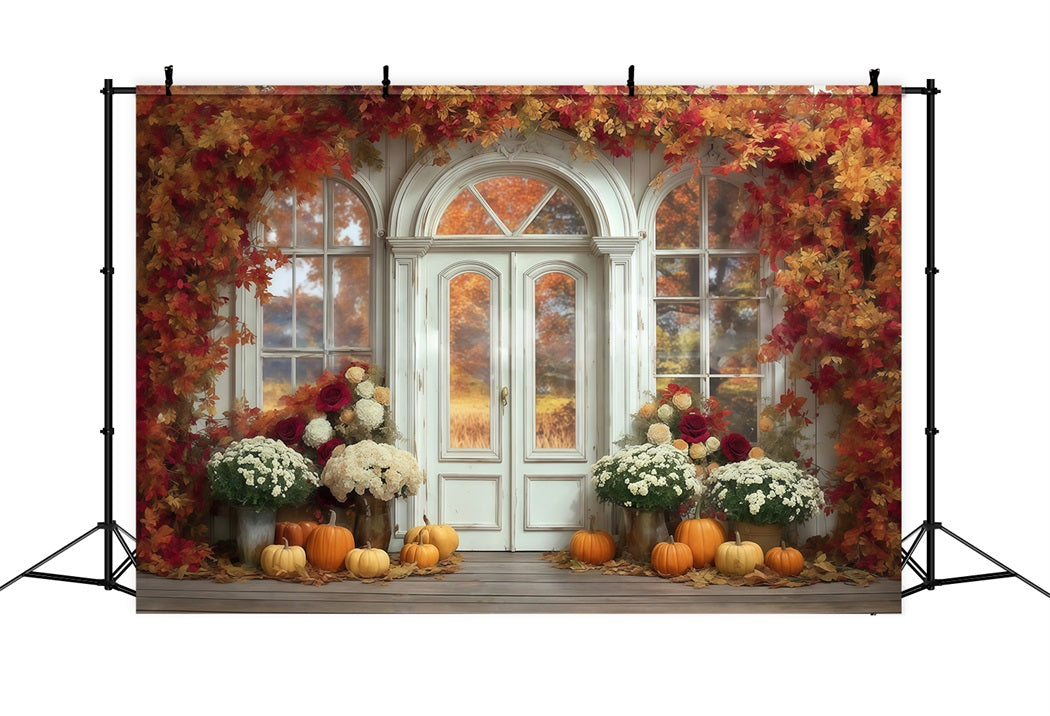 Fall Leaves Backdrop Maple Arch Door Pumpkin Autumn Photo Backdrop MRR8-184