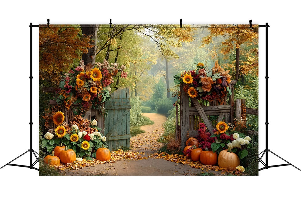 Fall Forest Backdrop Sunflower Pumpkin Path Autumn Photography Backdrops MRR8-185