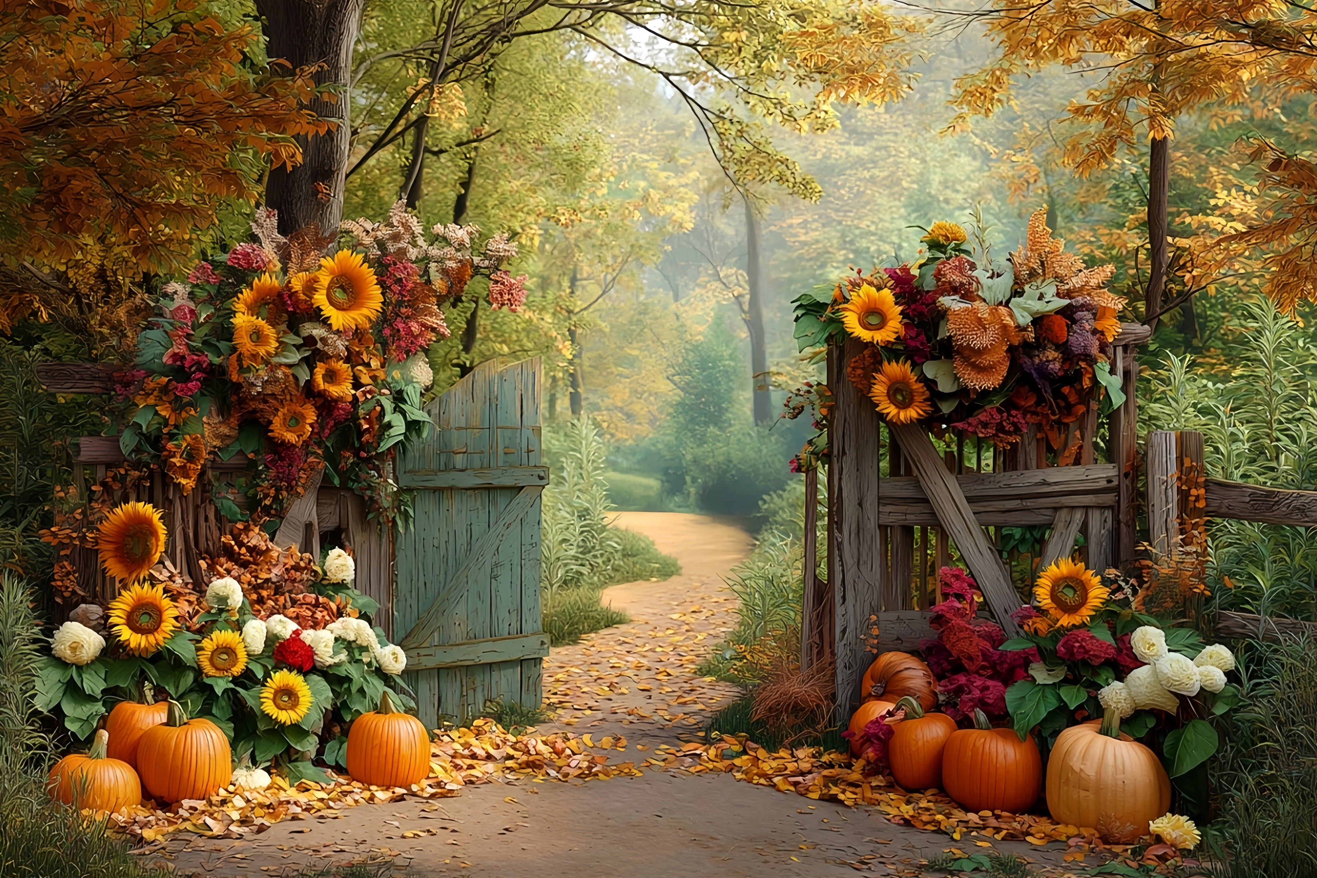 Fall Forest Backdrop Sunflower Pumpkin Path Autumn Photography Backdrops MRR8-185