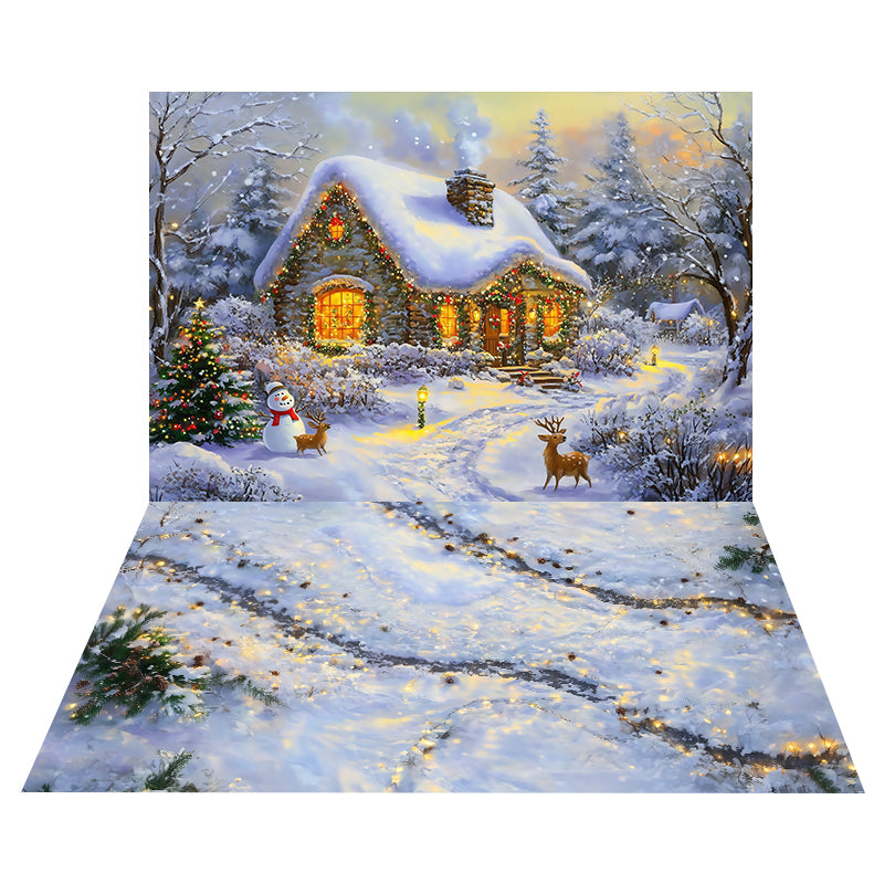 Snowy Cottage Lights Backdrop+Snow Pinecone Floor Backdrop MRR8-186