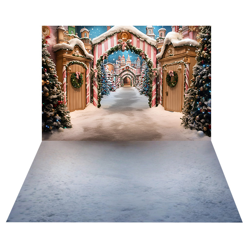 Christmas Candy Village Backdrop+Frosted Winter Floor Backdrop MRR8-189
